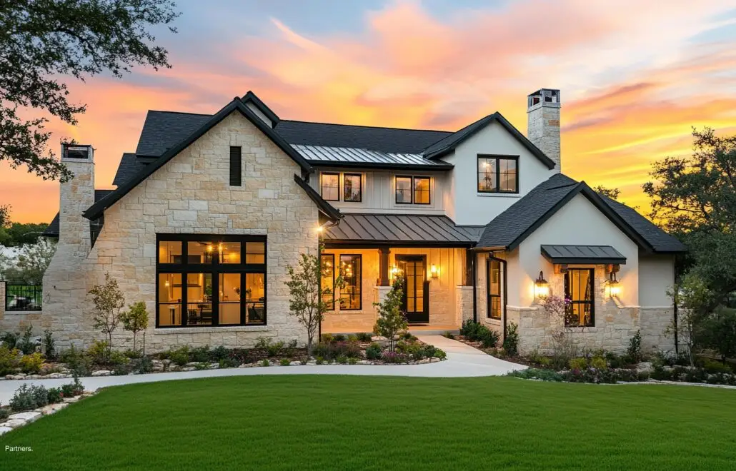 Luxury custom home featuring natural stone, stucco, black-framed windows and modern architectural details