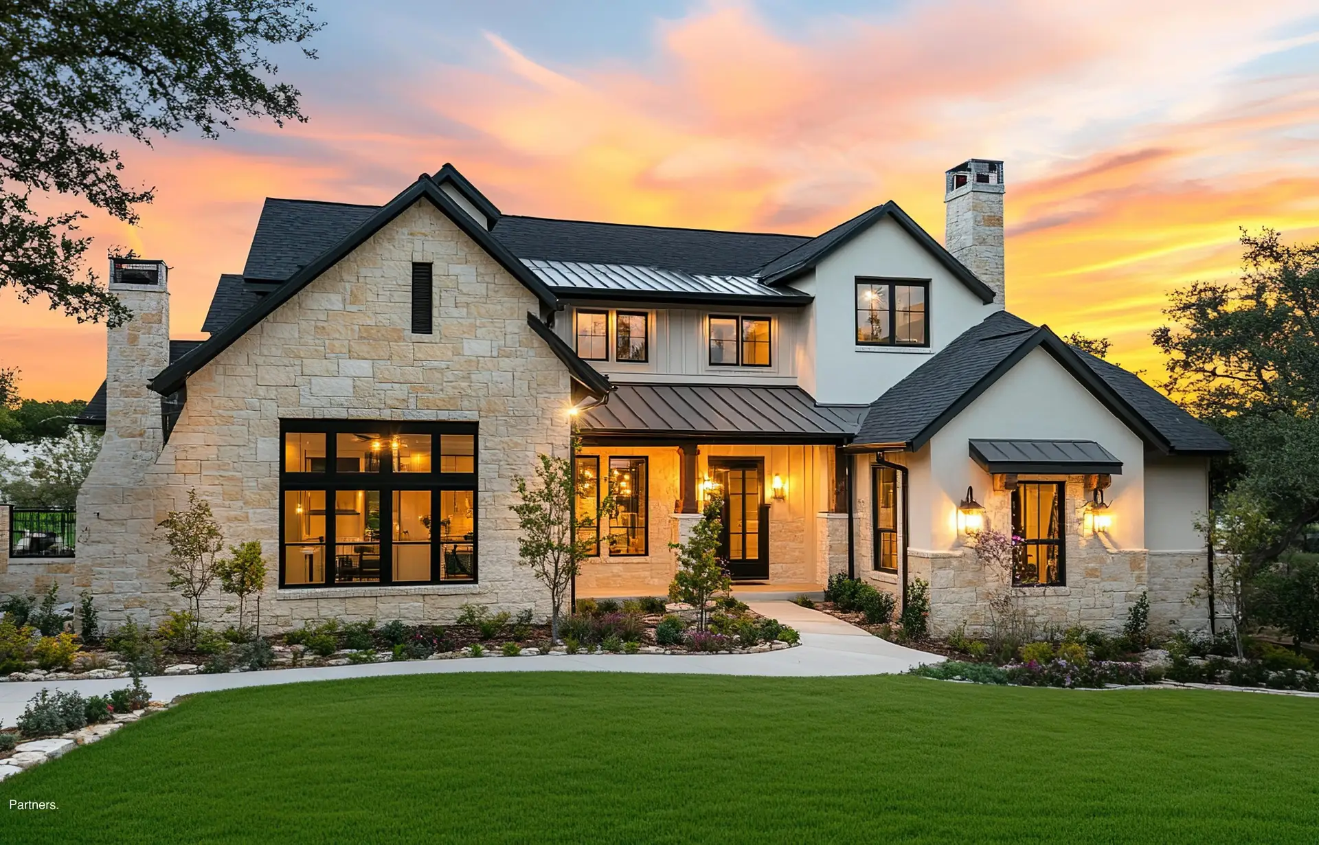 Luxury custom home featuring natural stone, stucco, black-framed windows and modern architectural details
